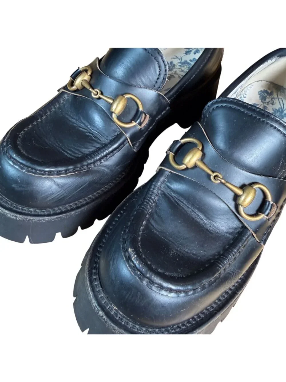 Gucci Cordovan Harald Black Leather Horsebit Lug Sole Loafers Size EU 37 US 7